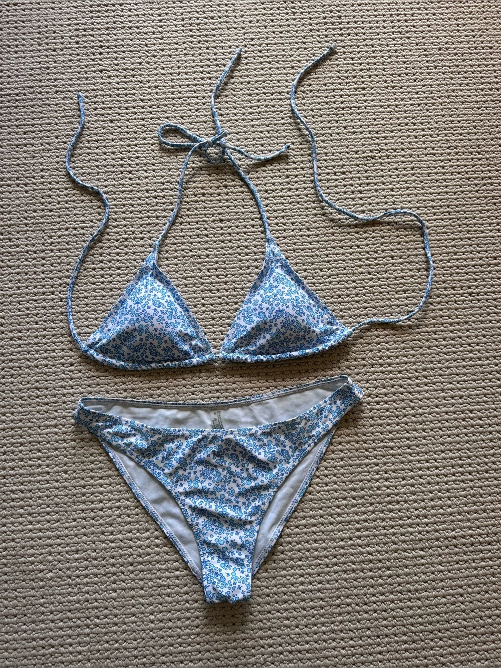 Floral Triangle Bikini Set in Aqua Blue & White, Size Large